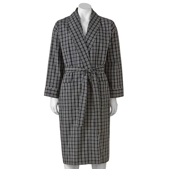 Men's Hanes® Lightweight Woven Shawl Robe Black Plaid 1 Men's Hanes® Lightweight Woven Shawl Robe Black Plaid