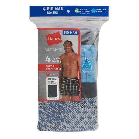 Big & Tall Hanes Ultimate® Cool Comfort® 4-Pack Woven Boxer 3 Big & Tall Hanes Ultimate® Cool Comfort® 4-Pack Woven Boxer - Image 3