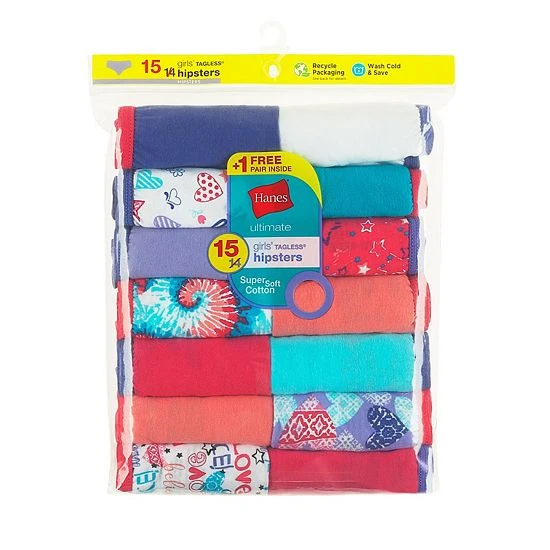 Girls Hanes Ultimate® Cotton Hipster Panties 14+1 Bonus Pack Multi Color 2 Girls Hanes Ultimate® Cotton Hipster Panties 14+1 Bonus Pack Multi Color - Image 2
