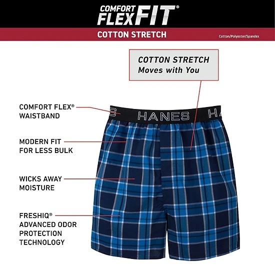 Men's Hanes Ultimate® ComfortFlex Fit 3-pack Stretch Woven Boxers Blue Plaid 3 Men's Hanes Ultimate® ComfortFlex Fit 3-pack Stretch Woven Boxers Blue Plaid - Image 3
